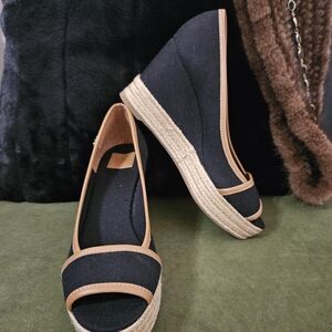 Tory Burch Black Majorca Peep-toe Canvas Wedges Size 6.5